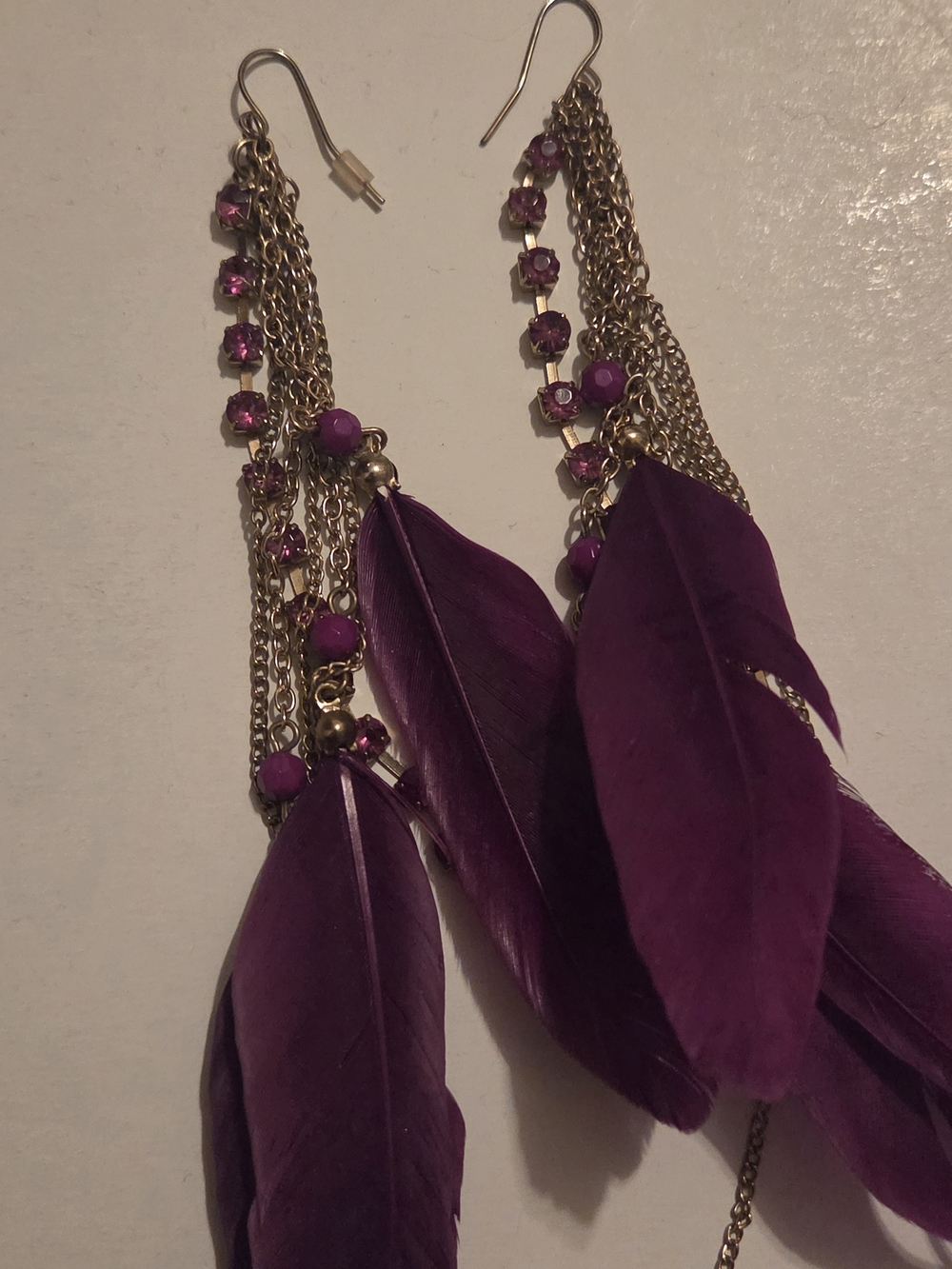 Purple Feather Drop Earrings with Gold Chains